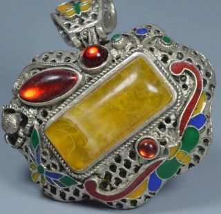 Handwork Collectable Old Miao Silver Carve Flower Inlay Agate Amulet Art Pendant