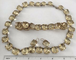 Huge Antique Early 1900s Gold Tone Paste Open Back Crystal Set Necklace Bracelet