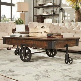 Vintage Antique Industrial Steel Metal Factory Cart Coffee Table Caster Wheels 11
