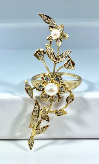 Antique Natural Diamond And Pearl Flower Ring Solid Yellow Gold (2 " Long)