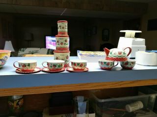 Vintage 1950s Wolverine Toy Tin Litho Tea Set Dishes Red Strawberry 12pc