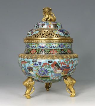 Chinese Cloisonne And Gilt Bronze Censer And Cover 19thc