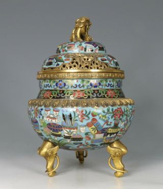 Chinese Cloisonne and Gilt Bronze Censer and Cover 19thC 2