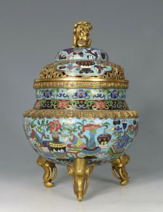 Chinese Cloisonne and Gilt Bronze Censer and Cover 19thC 3