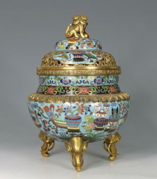 Chinese Cloisonne and Gilt Bronze Censer and Cover 19thC 4