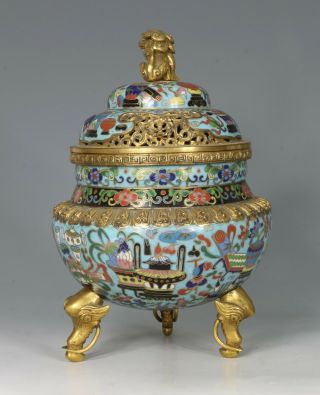 Chinese Cloisonne and Gilt Bronze Censer and Cover 19thC 6