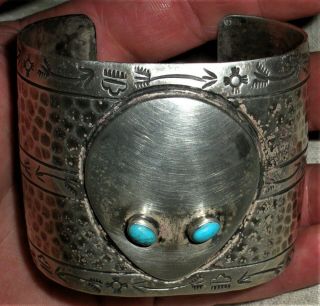 Vintage C.  1950s - 60s Navajo Sterling Silver Turquoise Bracelet Alien Head Vafo