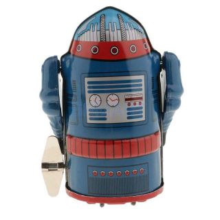 Vintage Wind Up Mechanical Walking Tin Toys Robot Mr.  Atomic Blue Collectibles 4