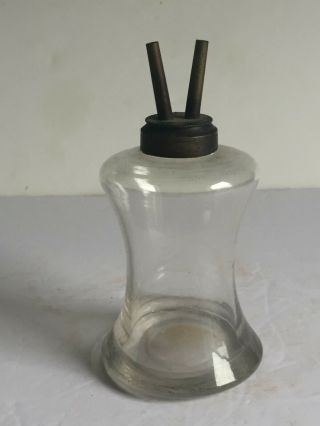 Antique Clear Blown Glass Canister Whale Oil Lamp W Period Tube Burner 19thc