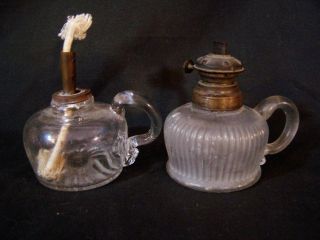 2 Antique Whale Oil Glass Fluid Finger Lamp Lamps Eapg Flint Glass