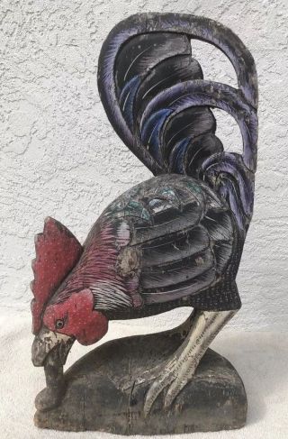 Vintage Antique Large Wood Carved Rooster Chicken 20” Tall Patina