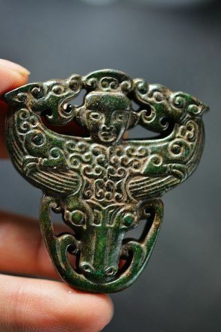 Rare Chinese Old Jade Hand Carved Dragon/people/cattle Head Pendant J2