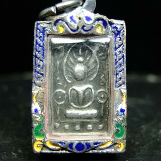 Antique Old Phra Lp Suk Wat Makamtaw,  Thai Buddha Amulet Pendant Silver Case 1