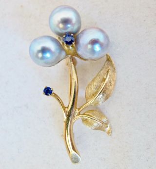 1.  65 " Vintage 14k Yellow Gold,  Blue Sapphire & Gray Pearl Brooch Pin (6.  3 Grams)