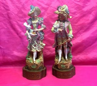 Antique German Lady & Gent Porcelain Figurine On Brass Stand -