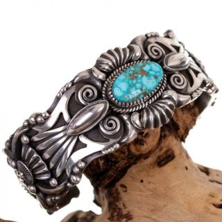 Navajo Turquoise Bracelet Sterling Silver Delbert Gordon Natural Heavy Mens Xl