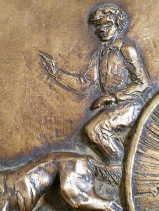 Bronze Relief Plaque - Sculpture of Two Boys Riding Penny - Farthing Bikes. 3