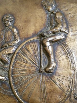 Bronze Relief Plaque - Sculpture of Two Boys Riding Penny - Farthing Bikes. 4
