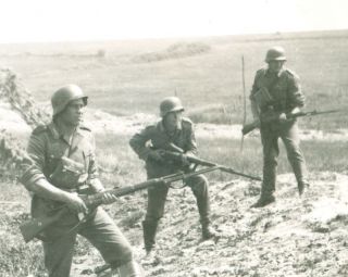 German Soldiers With Rifles And Bayonets And A Grenade Box,  Ww2,  Photo