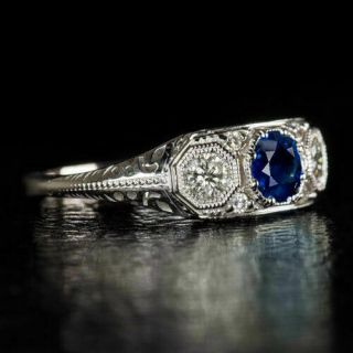 Sapphire Diamond Ring 18k White Gold Engagement 3 Stone Vintage Art Deco Antique