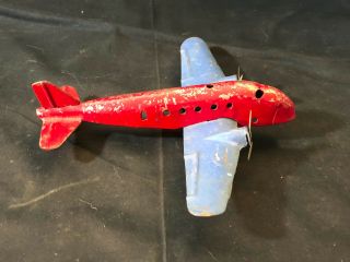 Old Vtg Collectible Toy Pressed Steel Twin Engine Passenger Red & Blue Airplane