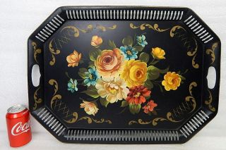 Large Vintage Black Hand Painted Pastel Floral 18 X 24 Toleware Metal Tray