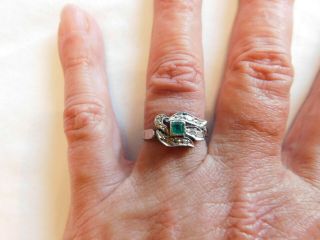 Vintage Art Deco Palladium Colombian Emerald Diamond Ring Marked Palladium