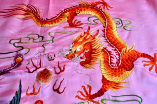 Vintage Embroidered Chinese Silk Panel Bed Cover 5 Toe Dragon Phoenix Pearl Pink