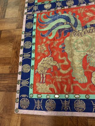 Gorgeous Antique Chinese Silk Panel Of Foo Lion Metallic Weave Altar Table Panel 12