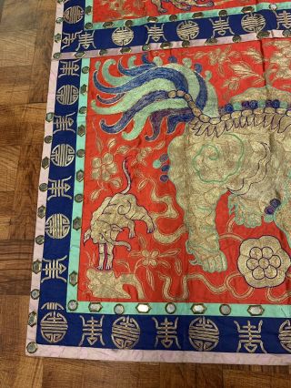 Gorgeous Antique Chinese Silk Panel Of Foo Lion Metallic Weave Altar Table Panel 3