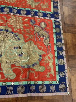 Gorgeous Antique Chinese Silk Panel Of Foo Lion Metallic Weave Altar Table Panel 5