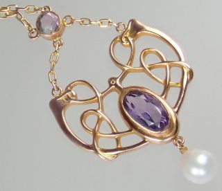 Lovely Antique Art Nouveau Barnet H Joseph 9k Rose Gold Amethyst Pearl Necklace