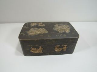 Antique Brass Oriental Asian Trinket Dresser Engraved Design Raised Scenes