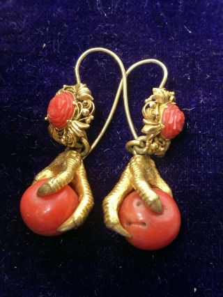 Antique Victorian Coral Claw Earrings