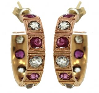 Ladies Antique Victorian 1890s 18k 750 Yellow Gold Diamond Ruby Hoop Earrings