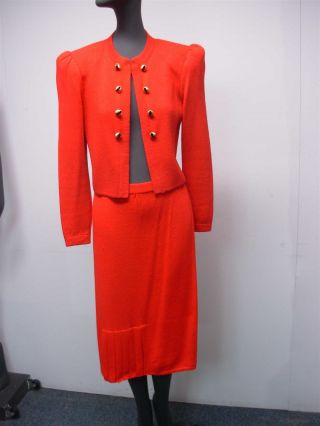 Vintage 1980s Womens St John Red 2 Pc Knit Skirt Suit W Gold Buttons Size 2 - 4