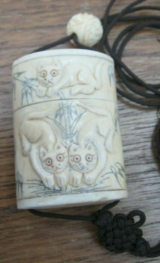 Hand Carved Bovine Bone Inro With Ojime With Scenes Of Cats To Both Sides