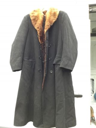Antique Wool Coat Beaver Fur Lined Jacket Mens Medium - Large Heavy Weight Warm