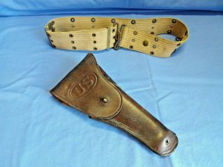 Ww2 Web Pistol Belt & Us Army Warren Leather Goods 1917 Holster