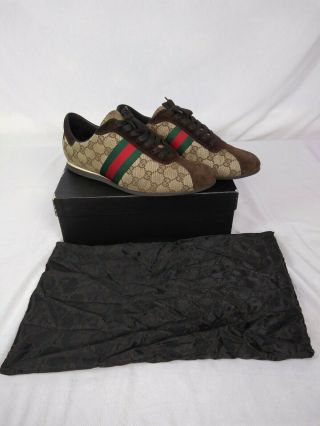 Vintage Gucci Womens Canvas Suede Logo Sneakers 117706 Sz 11 Beige Leather Gg