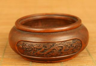 Chinese Old Boxwood Hand Carving Dragon Phoenix Statue Figue Bowl Cup Pot Gift