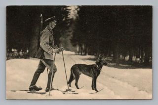 Antique Ww1 German Real Photo Rppc Postcard Soldier On Skis W/ Shepherd Dog