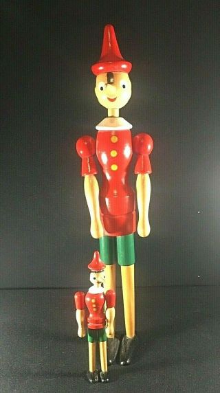 Vintage Pinocchio 20 " And 8 " Tall Wooden Jointed Hinged Doll Stands Sits Italy