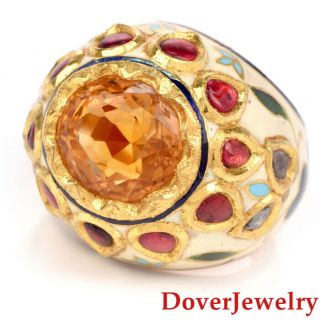 Vintage Citrine 5.  60cts Diamond Enamel 24k Yellow Gold Dome Ring 26.  3 Grams Nr