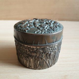 9 Old Antique Asian Chinese Pewter Carved Box with Silver Thimble 3