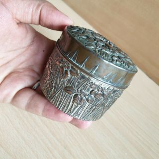 9 Old Antique Asian Chinese Pewter Carved Box with Silver Thimble 5