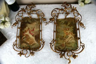 Rare Top Pair Antique 19thc Romantic 2 Sided Painting Oil Copper Brass Frame