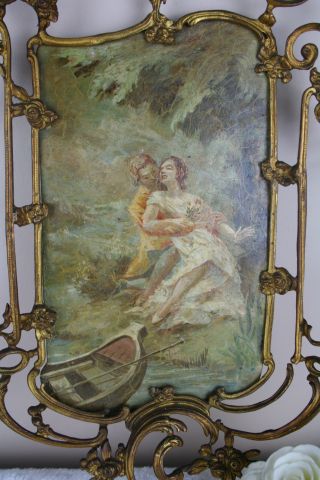 Rare Top PAIR Antique 19thc romantic 2 sided painting oil copper brass frame 3