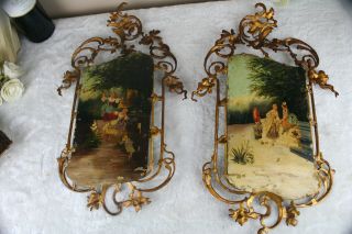 Rare Top PAIR Antique 19thc romantic 2 sided painting oil copper brass frame 5