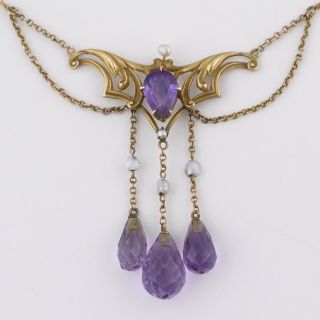 Antique Art Nouveau 10k Gold Amethyst Briolette Pearl Festoon Pendant Necklace